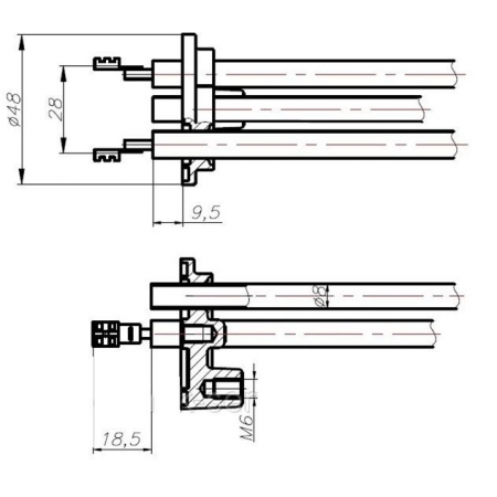 ТЭН 1,5 кВт под овальный фланец медный изогнутый тип RCA (длинные контакты)