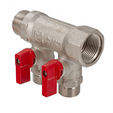 Коллектор для воды 3/4" с миниками на 2 выхода 1/2", красный General Fittings