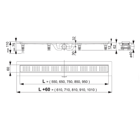 Трап для душа APZ10-750 Simple с решеткой и опорами, AlcaPlast