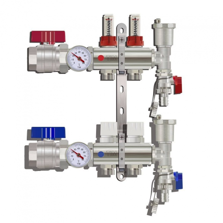 KA002 / Коллекторная группа на 2 выхода, расходомер, воздухоотводчик, сливной кран, торцевой кран, термометр, TIM