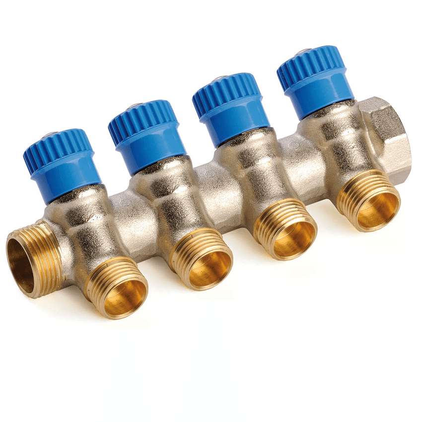Коллектор для воды 3/4" с вентилями на 4 выхода 1/2", синий General Fittings