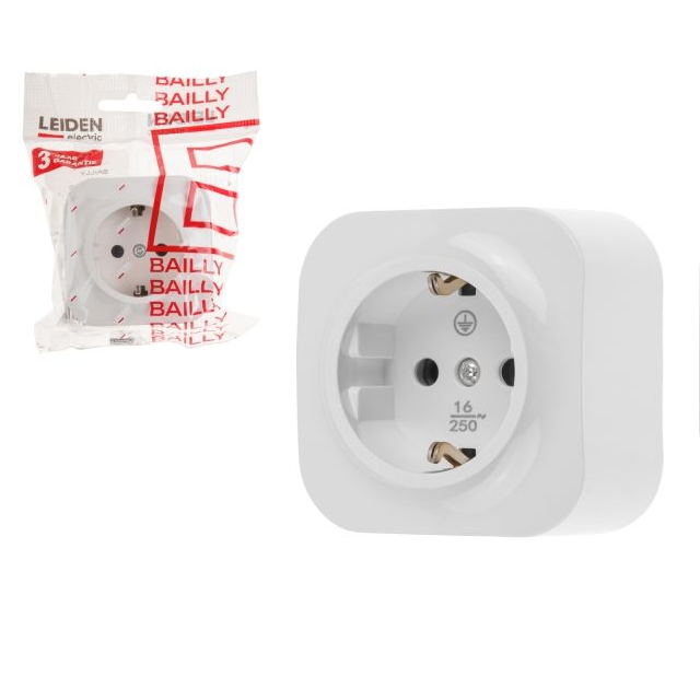 806004 / Розетка 1-ая (открытая, с/з) белая, LEIDEN ELECTRIC