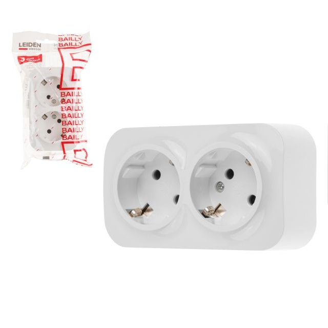 806005 / Розетка 2-ая (открытая, с/з) белая, LEIDEN ELECTRIC