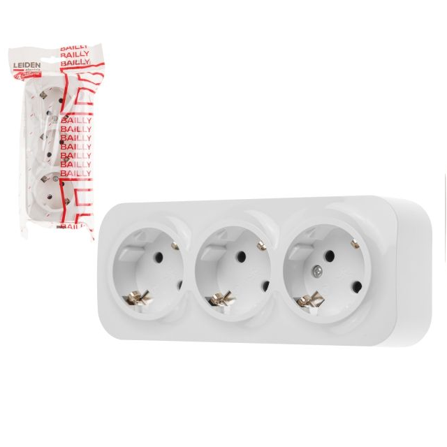 806007 / Розетка 3-ая (открытая, с/з) белая, LEIDEN ELECTRIC