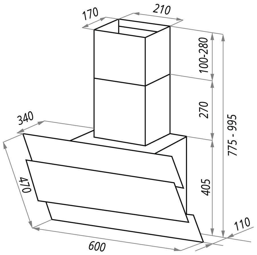 габариты вытяжки MAUNFELD Tower Lux 60