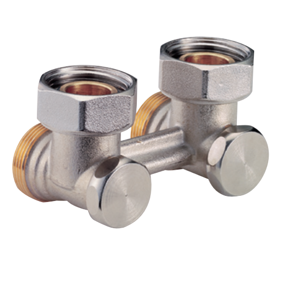 Узел нижнего подключения радиатора угловой с отсечным клапаном 3/4