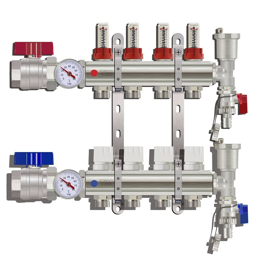 KA004 / Коллекторная группа на 4 выхода, расходомер, воздухоотводчик, сливной кран, торцевой кран, термометр, TIM