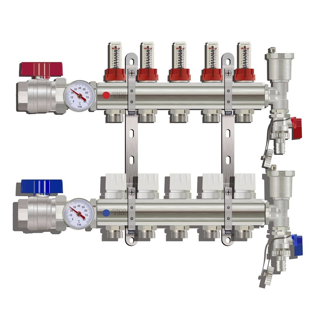 KA005 / Коллекторная группа на 5 выходов, расходомер, воздухоотводчик, сливной кран, торцевой кран, термометр, TIM