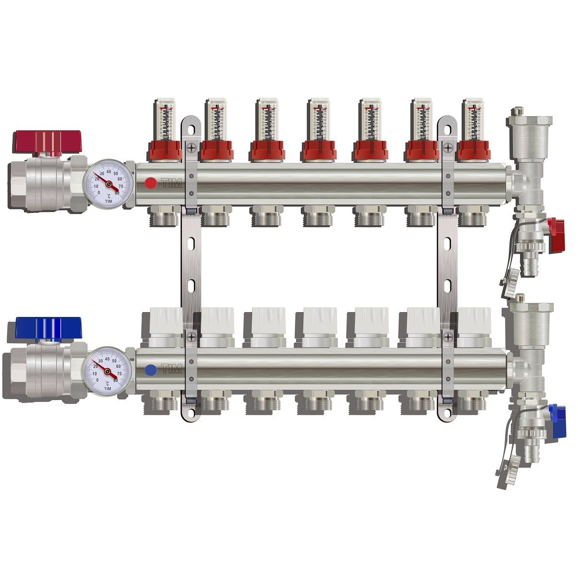 KA007 / Коллекторная группа на 7 выходов, расходомер, воздухоотводчик, сливной кран, торцевой кран, термометр, TIM