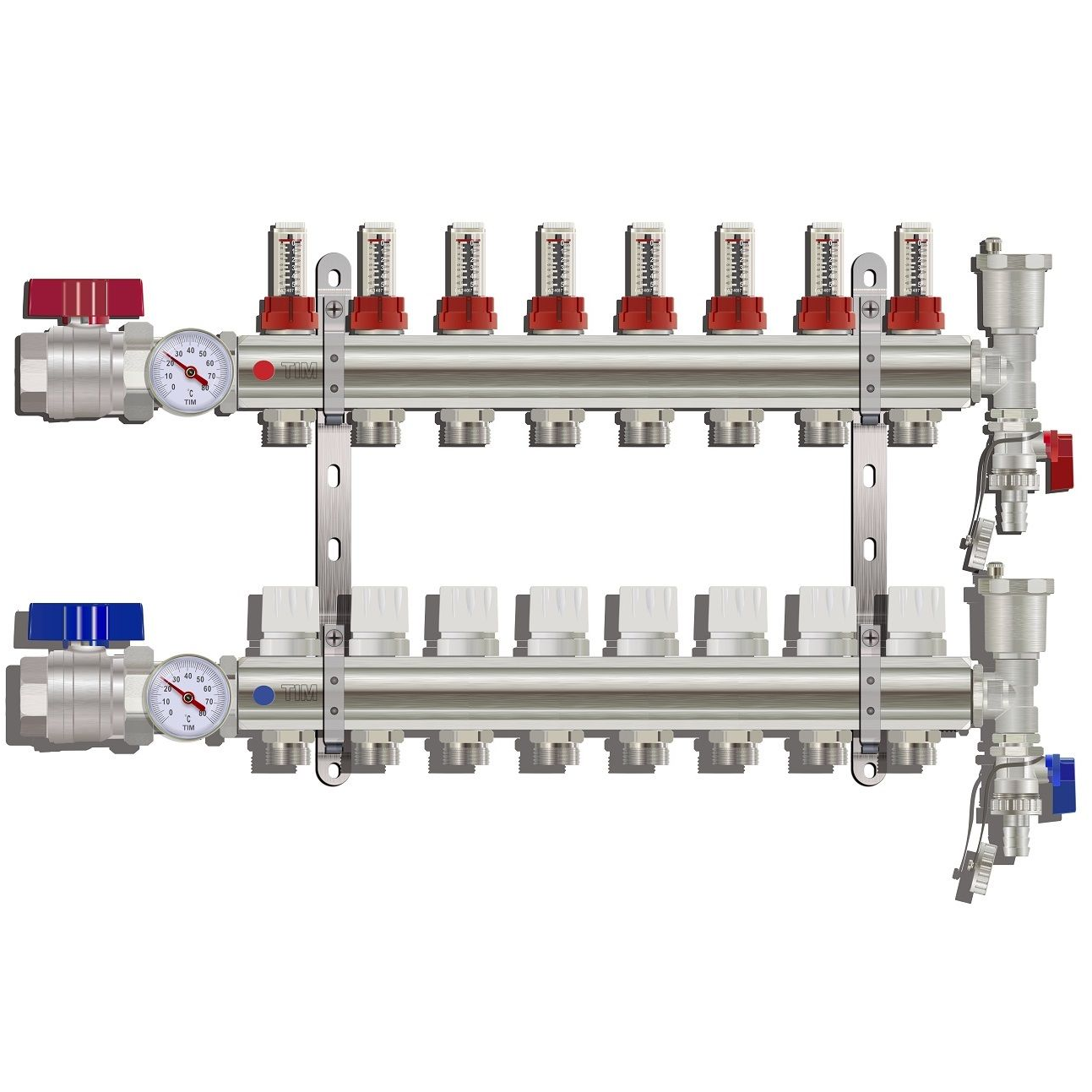 KA008 / Коллекторная группа на 8 выходов, расходомер, воздухоотводчик, сливной кран, торцевой кран, термометр, TIM