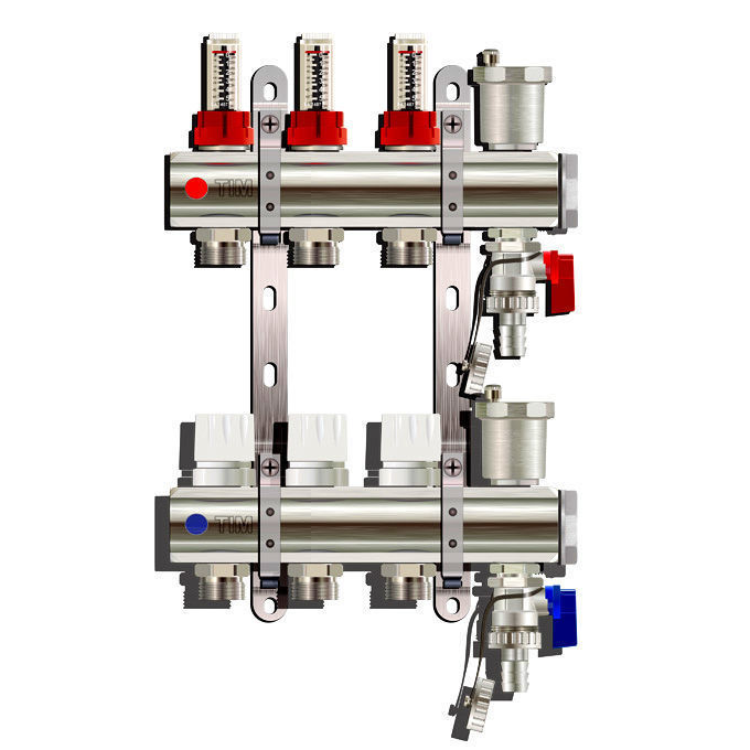 KC003 / Коллекторная группа на 3 выхода, расходомер, воздухоотводчик, сливной кран, TIM