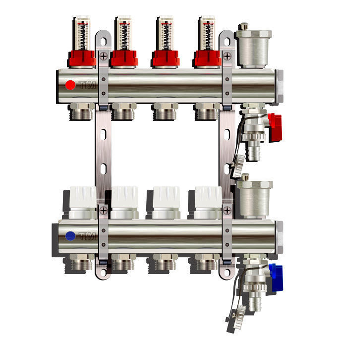 KC004 / Коллекторная группа на 4 выхода, расходомер, воздухоотводчик, сливной кран, TIM